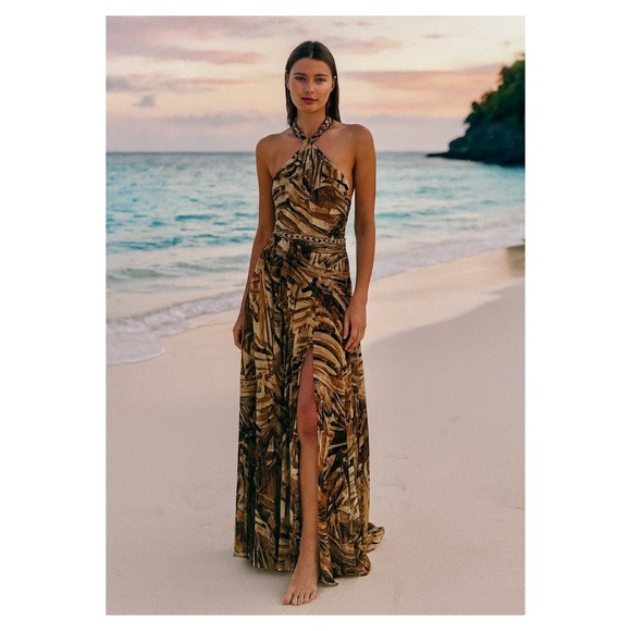 BRONX & BANCO Kenya Maxi Dress Silk Halter Chain Animal Print Brown Medium NWT - Picture 2 of 15